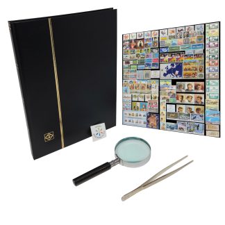 Stamp Collecting Starter Kit – 150 Mint Worldwide Stamps from 50 Countries with Lighthouse 16-Page Album, Magnifier & Stamp Tongs – Educational Hobby Gift for Kids & Adults